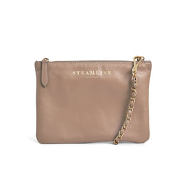 Front view of the Navigator leather crossbody in stone with gold trims and chain strap