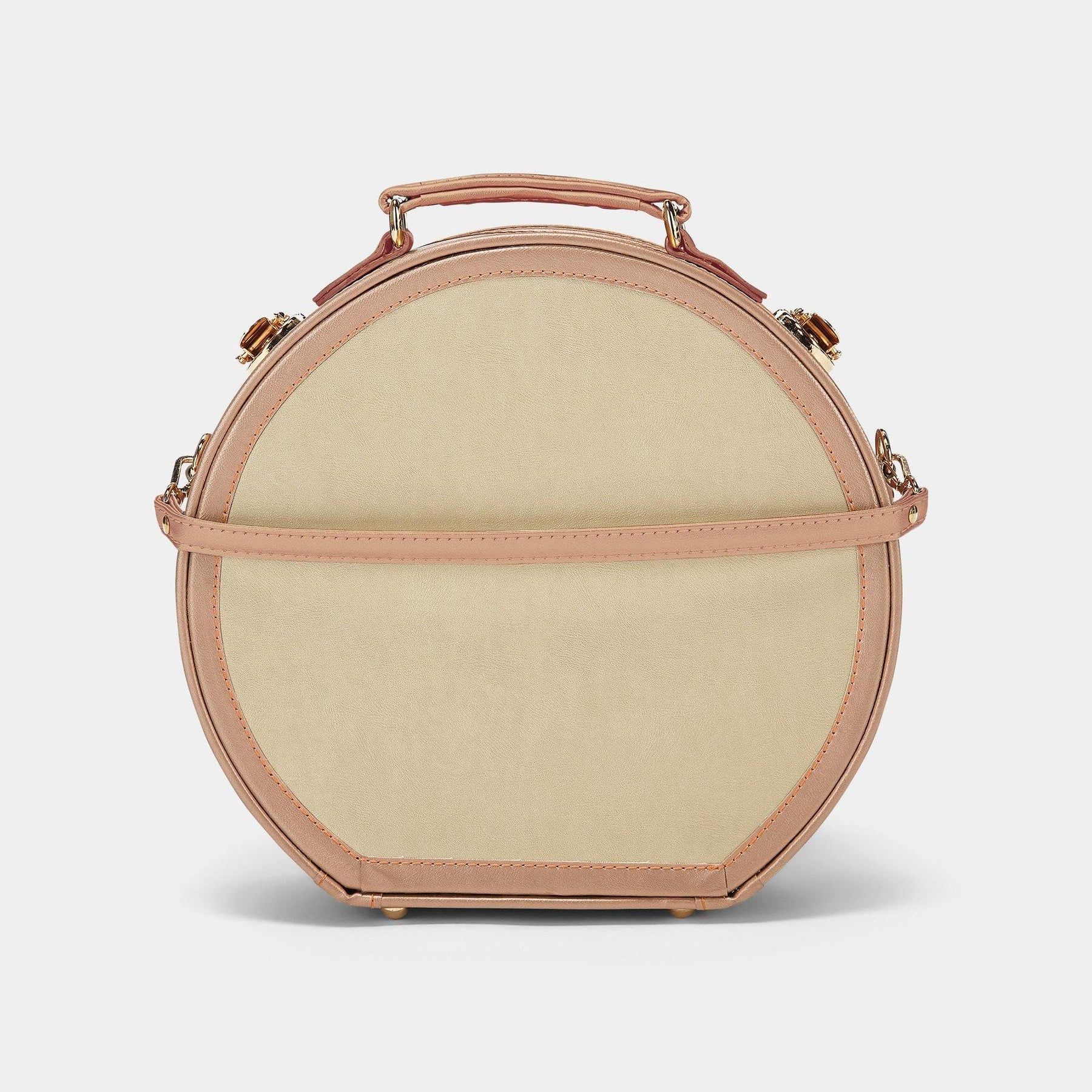 Back product view of the small hatbox Alchemist vegan leather suitcase in gold with detachable suitcase strap