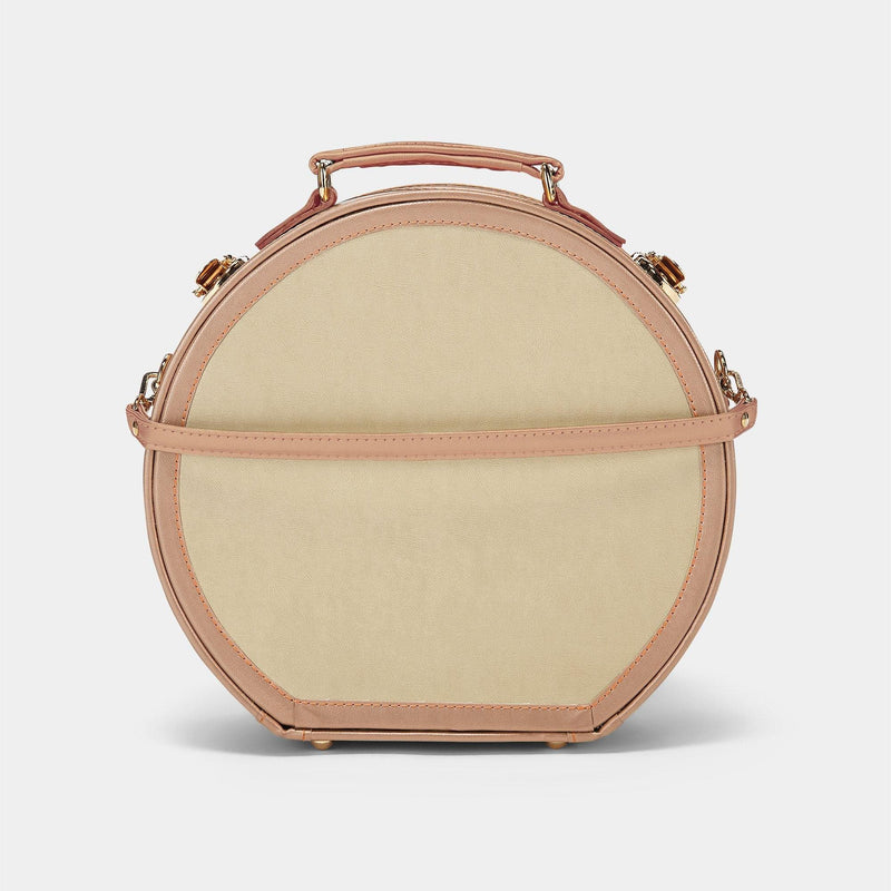 Back product view of the small hatbox Alchemist vegan leather suitcase in gold with detachable suitcase strap