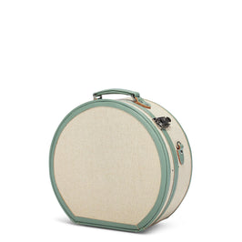 Angled product view of the large hatbox Editor linen suitcase with sea green trims