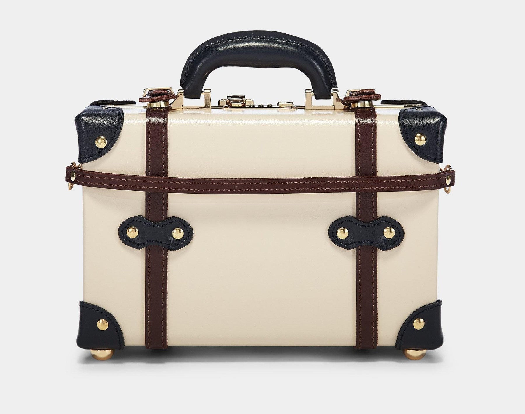 Product view of the vanity Architect leather suitcase in cream with suitcase attachment strap