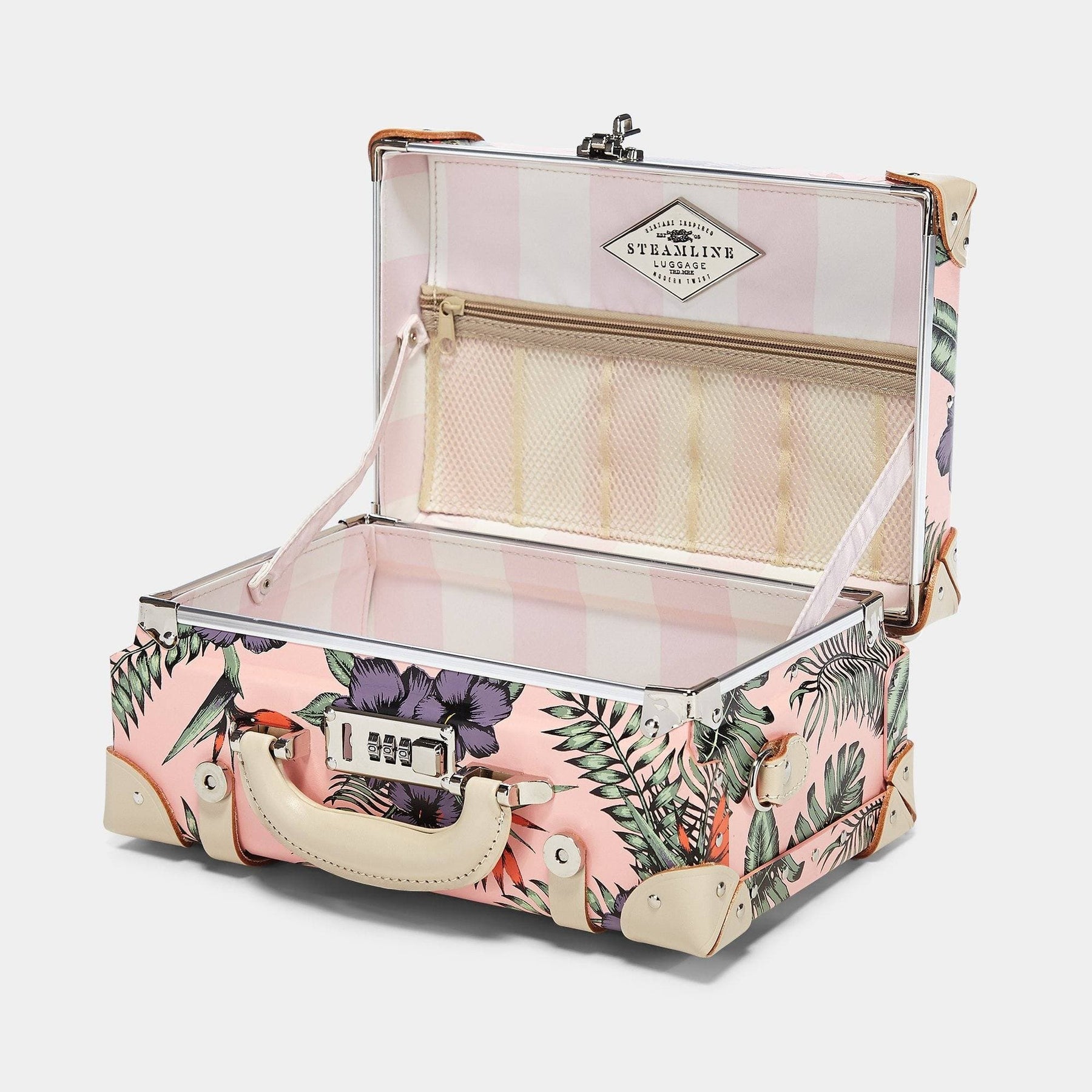 Open product view of the vanity Botanist fibreboard suitcase in pink with pink and ivory stripe printed lining