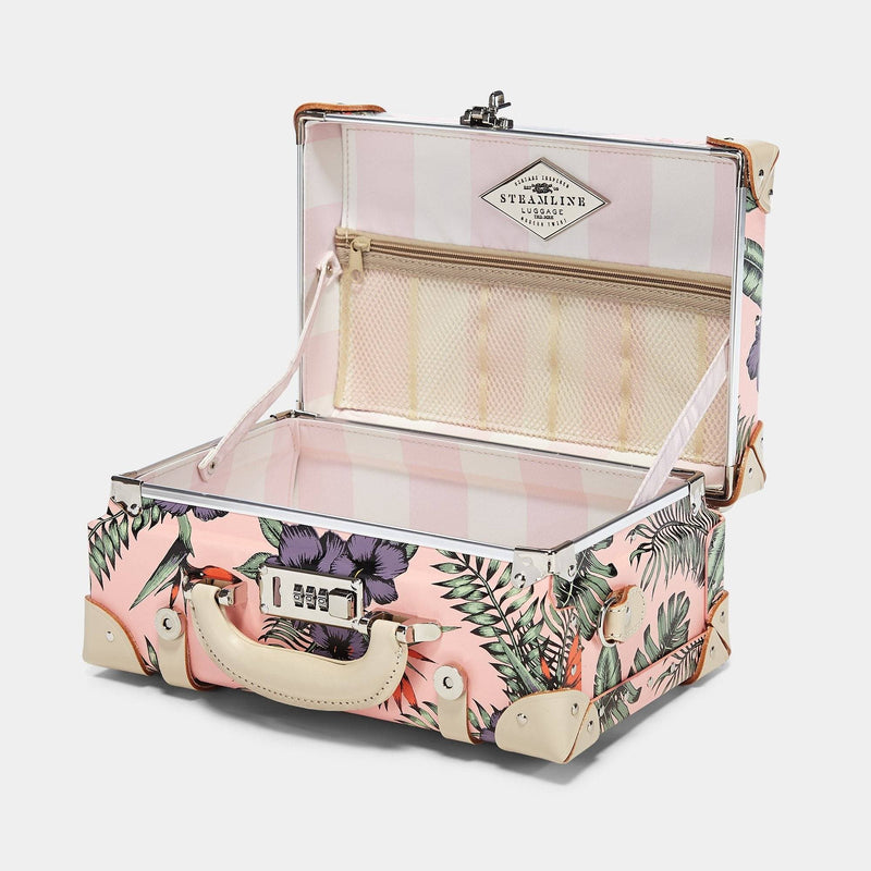 Open product view of the vanity Botanist fibreboard suitcase in pink with pink and ivory stripe printed lining