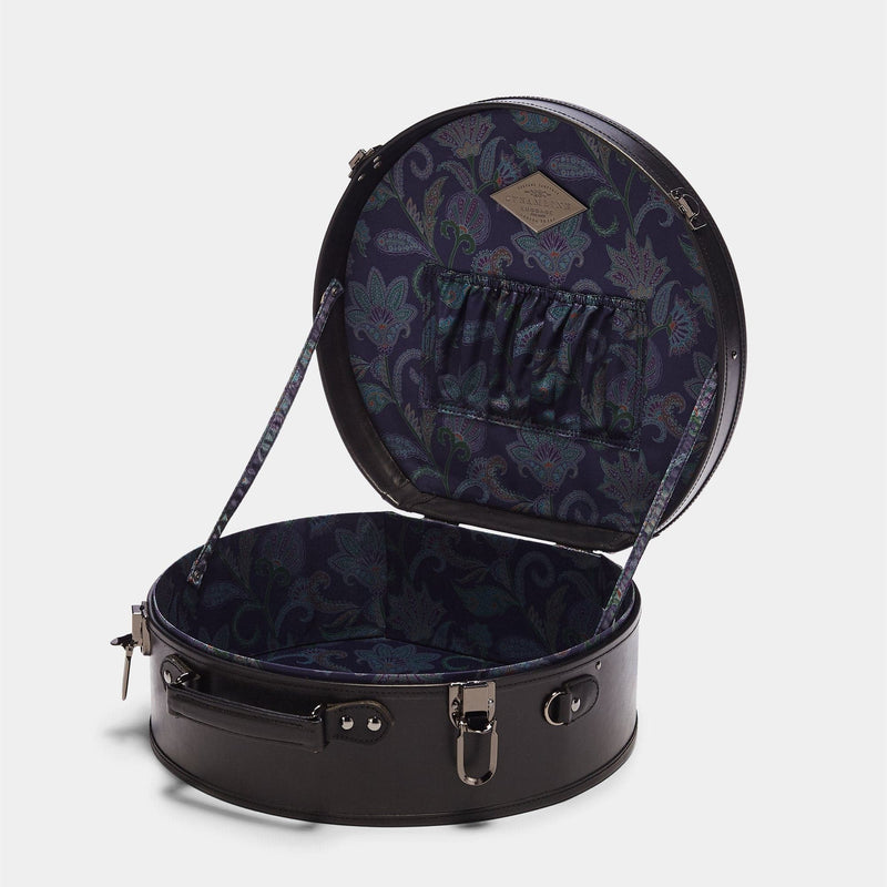 Open product view of the large hatbox Industrialist fibreboard suitcase in navy paisley print lining
