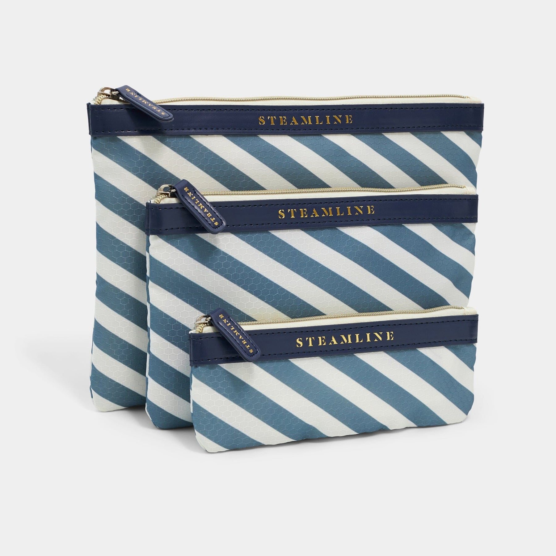 set of three blue stripe cosmetic cases