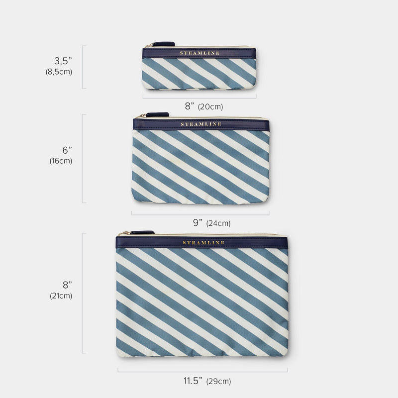 three different sizes of the blue stripe cosmetic cases