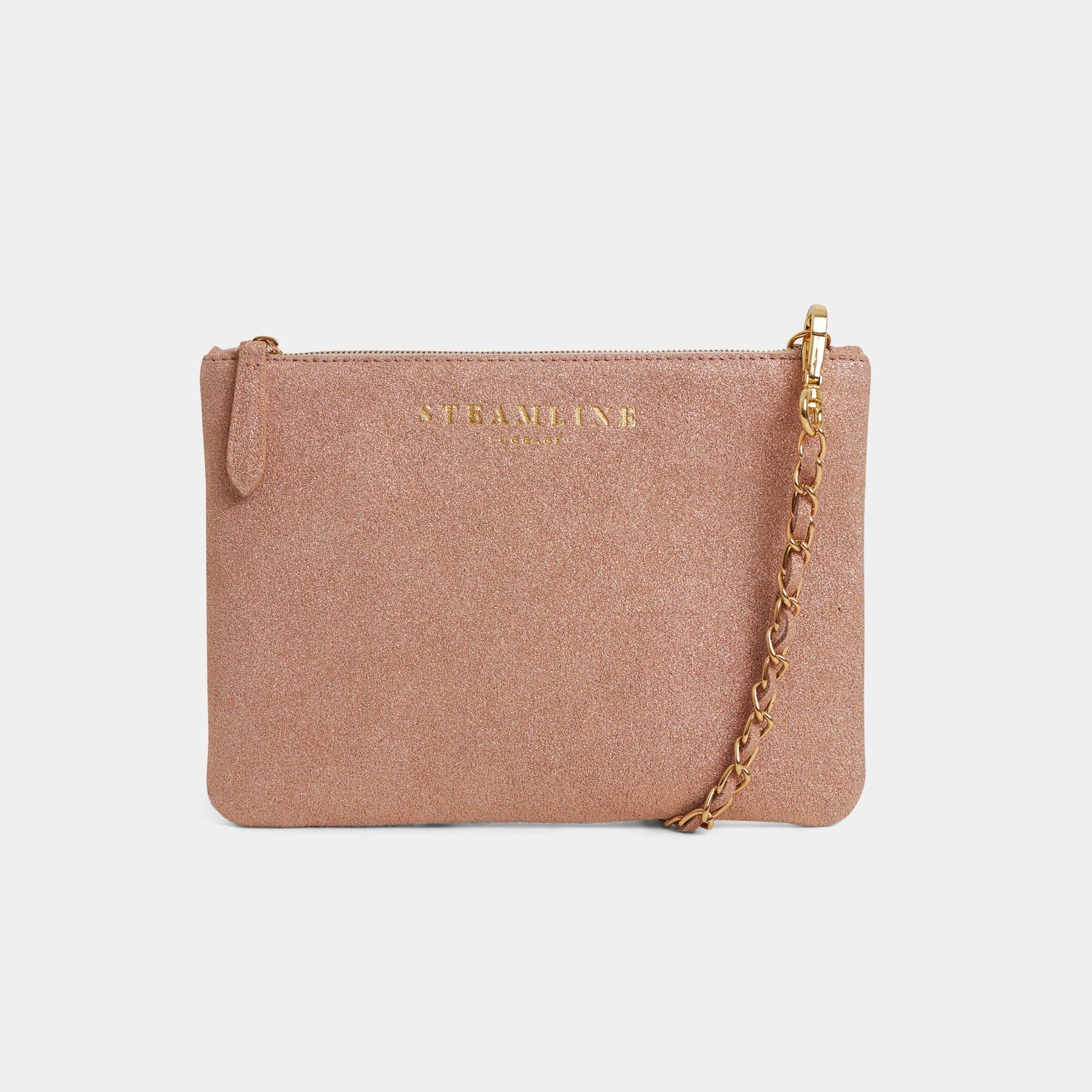 Front view of the Navigator leather crossbody in desert glitter with gold trims and chain strap