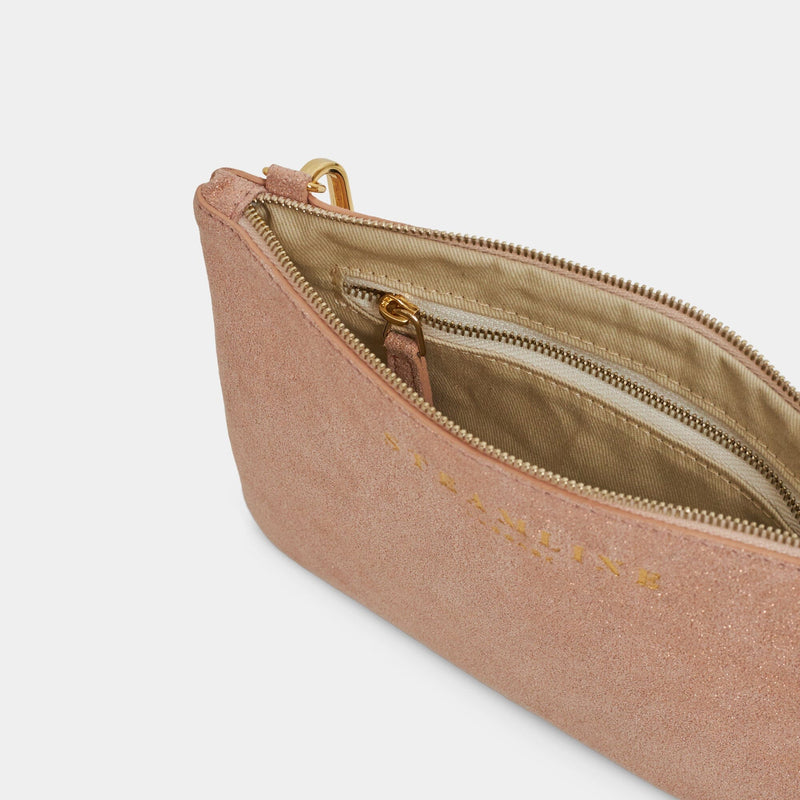 Open product view of the Navigator leather crossbody in desert glitter with gold trims and ecru lining