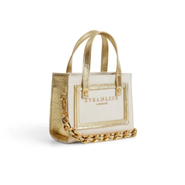 Angled product  view of the Navigator leather mini tote in ecru with gold accents, trims and chain strap