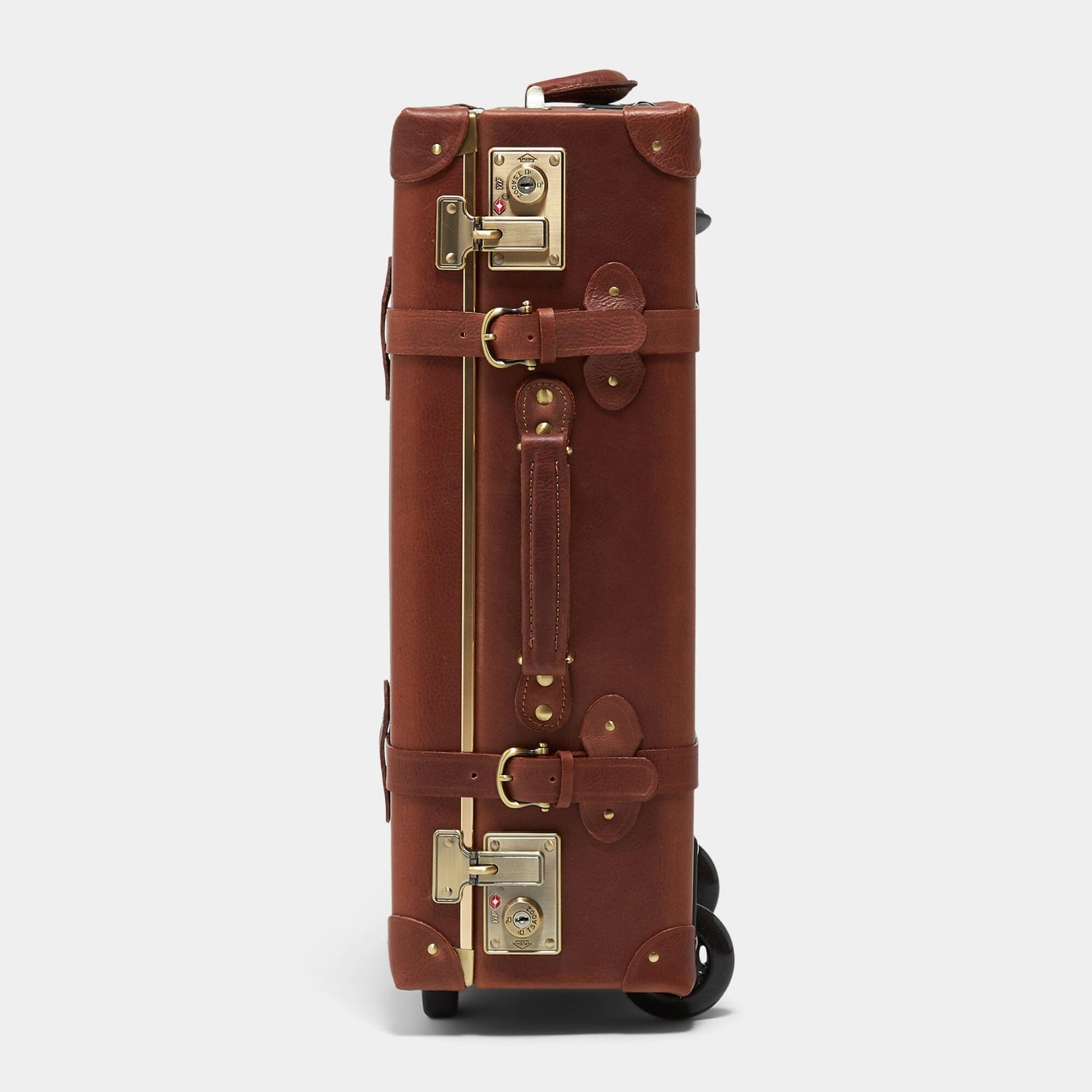 Side product view of the stowaway Pioneer leather suitcase in brown