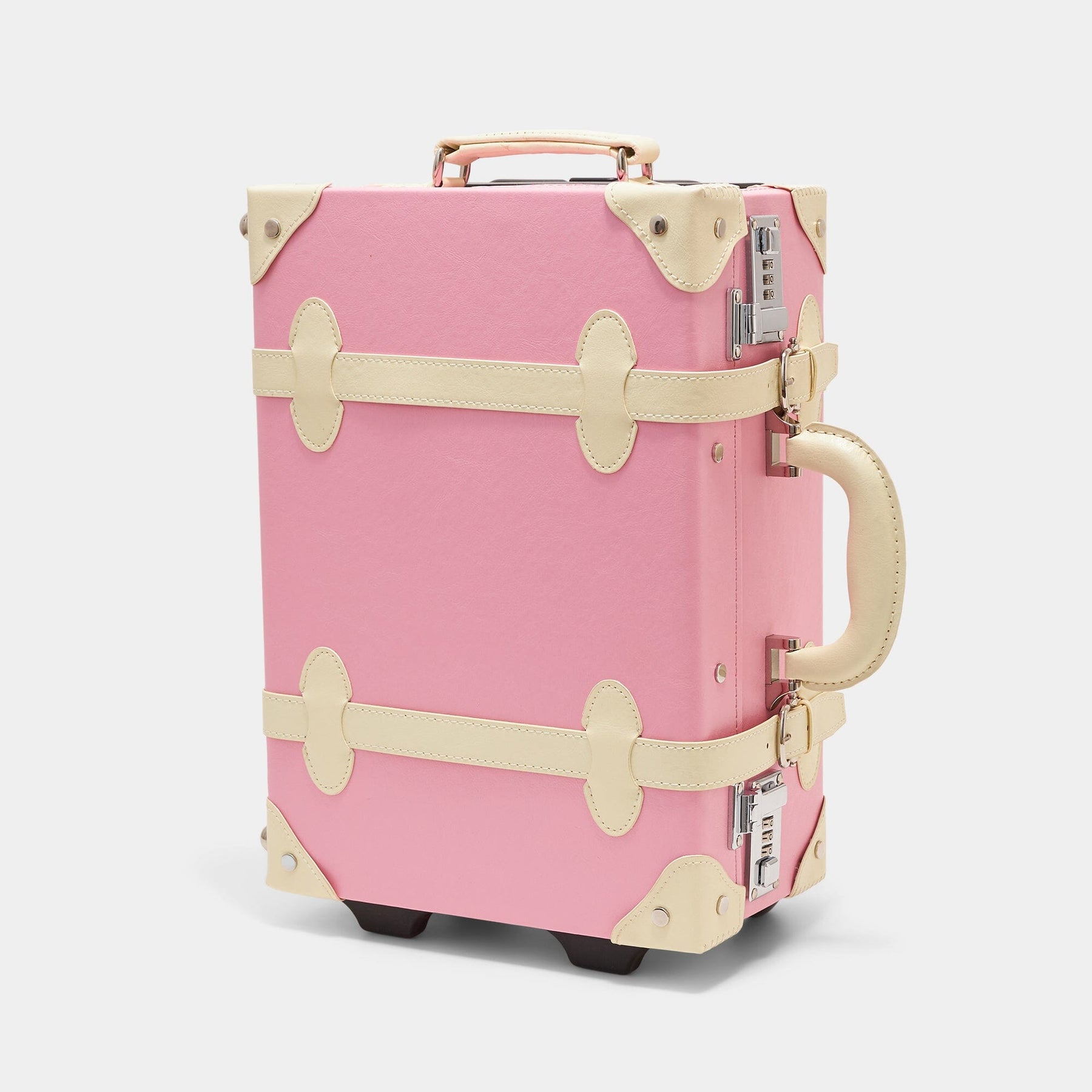 Angled product view of the kids carry-on Entrepreneur vegan leather suitcase in pink