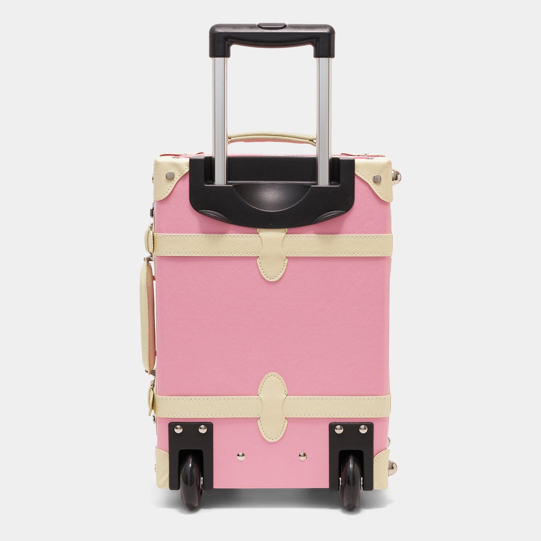 Back product view of the kids carry-on Entrepreneur vegan leather suitcase in pink with raised handle