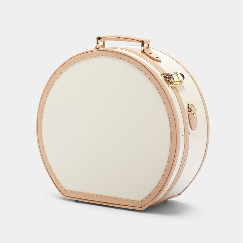 Angled product view of the large hatbox Sweetheart fibreboard suitcase in cream