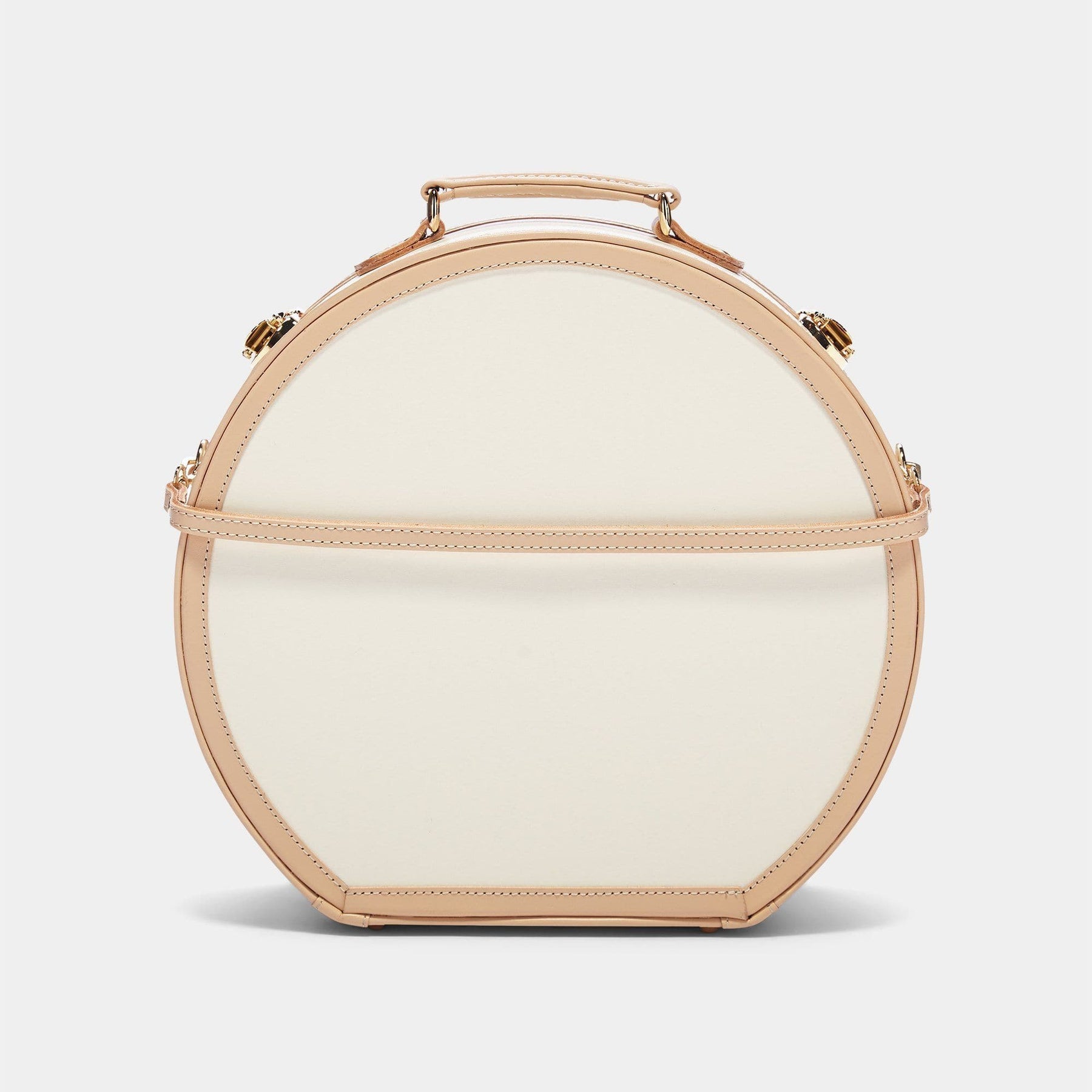 Product view of the large hatbox Sweetheart fibreboard suitcase in cream with detachable suitcase strap