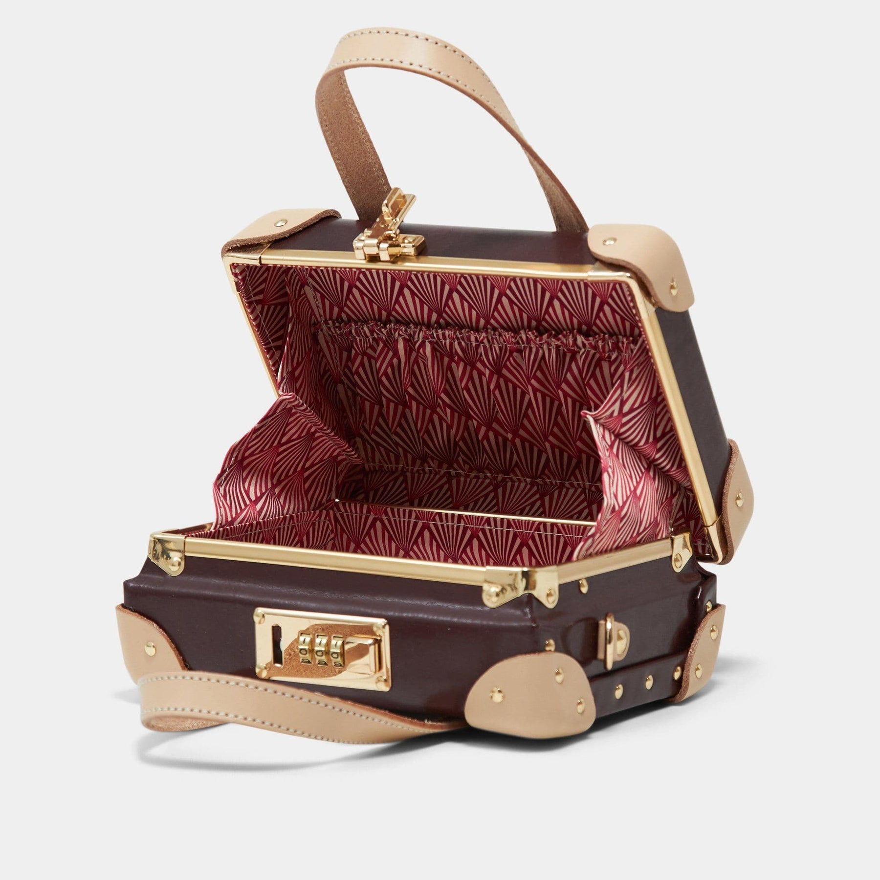 Open product view of the mini Architect leather suitcase in burgundy with art-deco printed lining