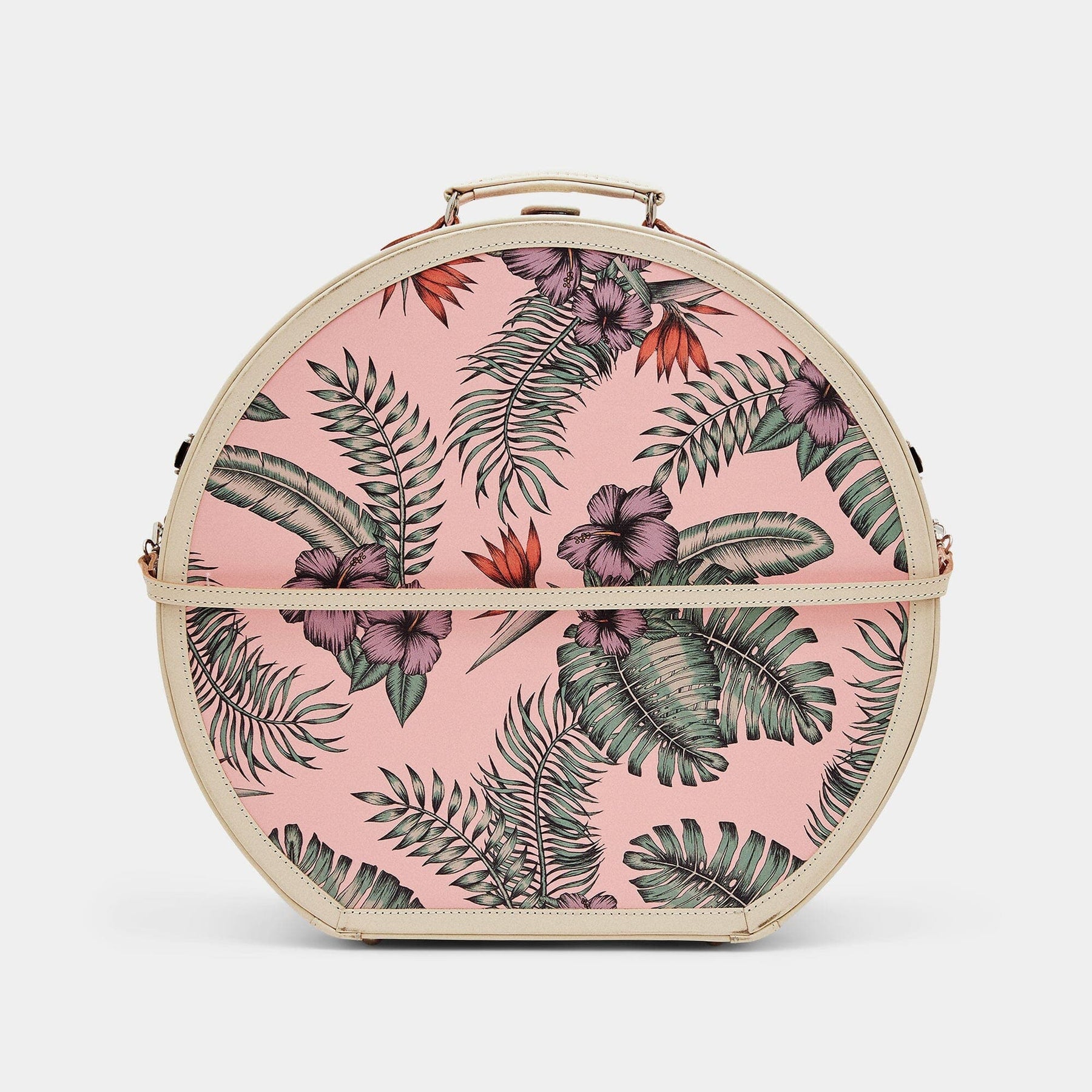 Back product view of the deluxe hatbox Botanist fibreboard suitcase in pink with detachable suitcase strap