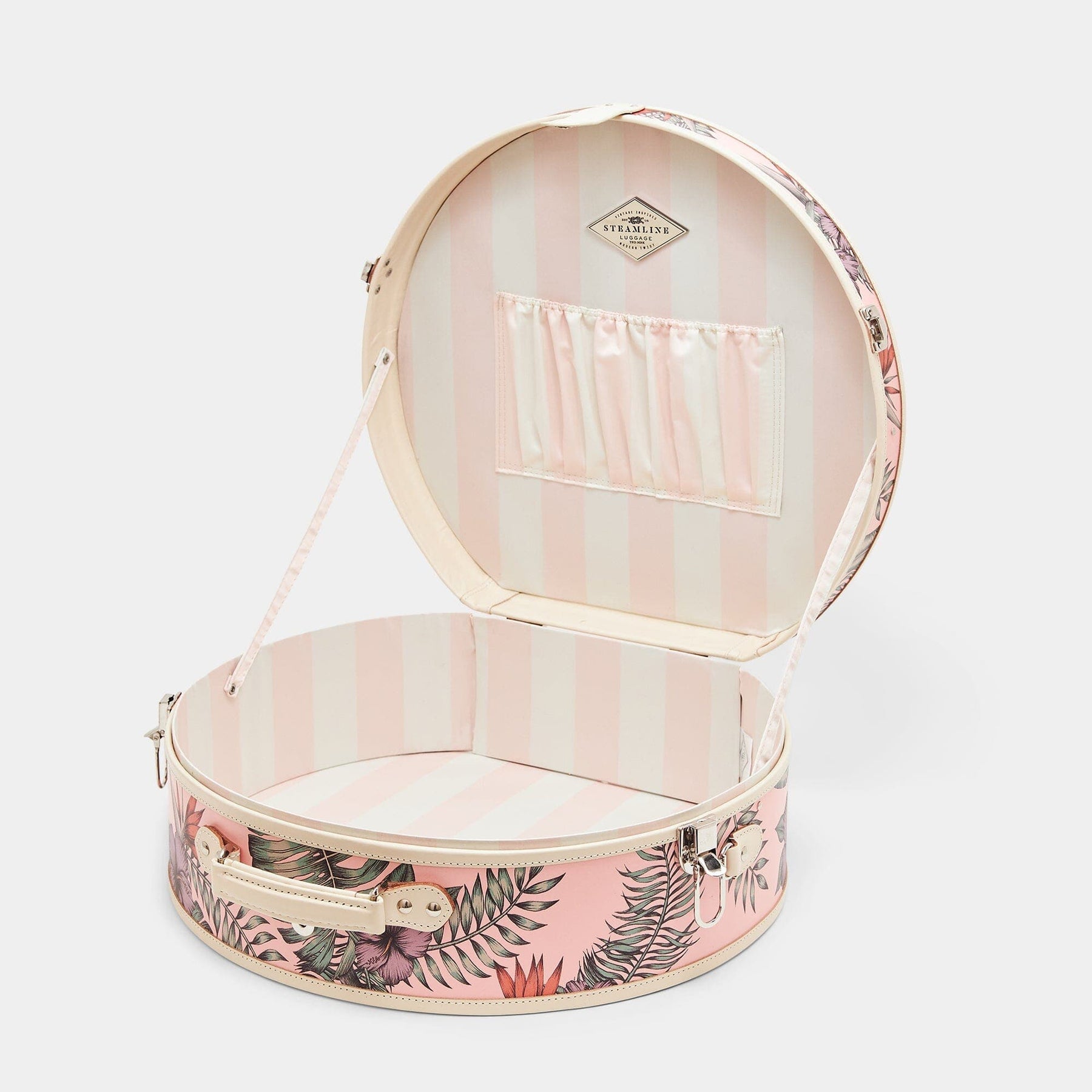 Open product view of the deluxe hatbox Botanist fibreboard suitcase with pink and ivory stripe printed lining