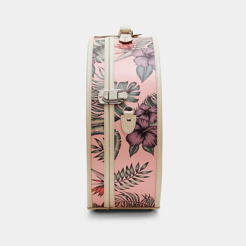 Side product view of the deluxe hatbox Botanist fibreboard suitcase in pink