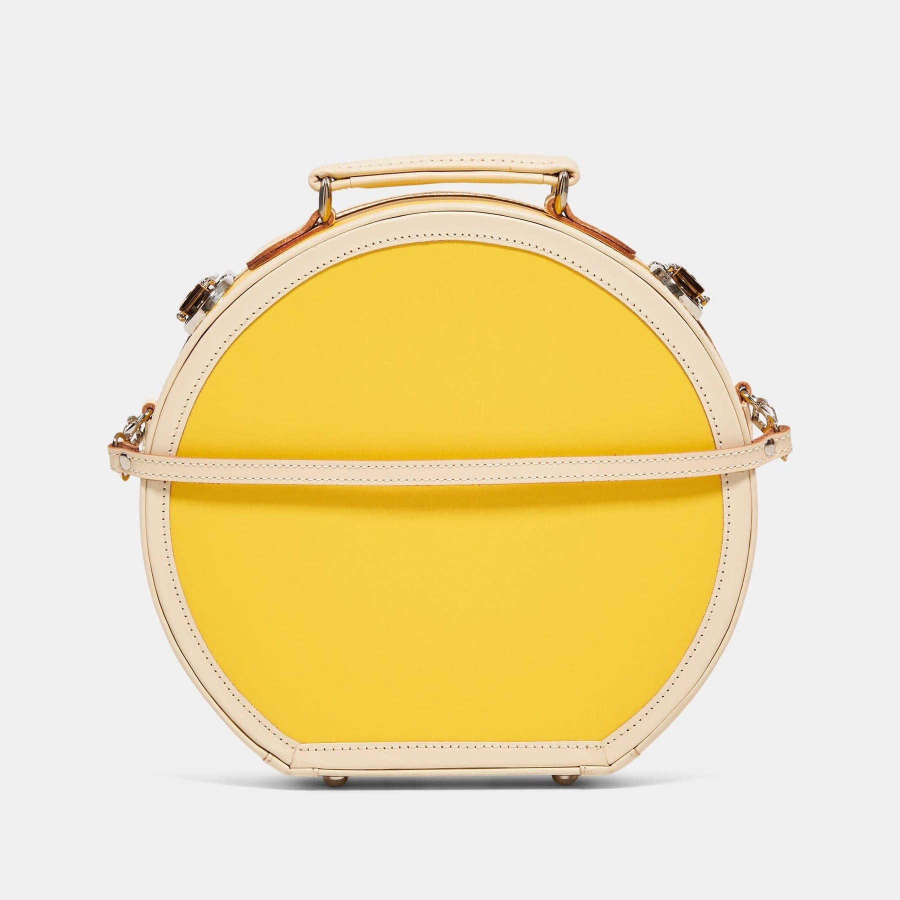 Back product view of the small hatbox Correspondent fibreboard suitcase in canary  yellow with detachable suitcase strap