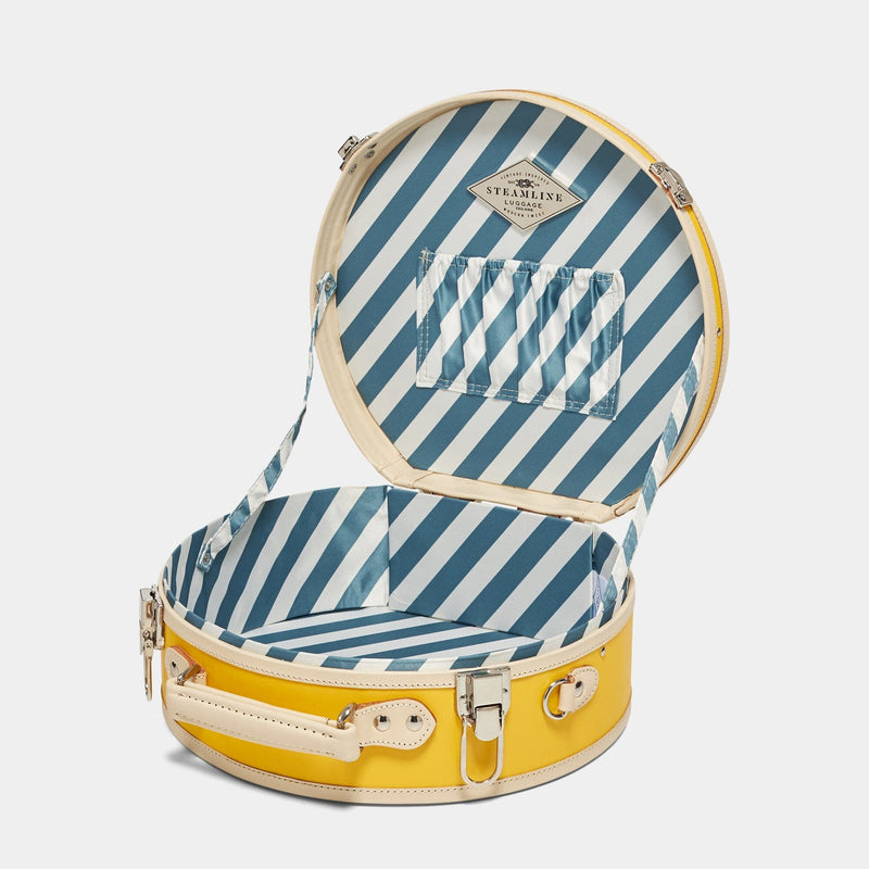 Open product view of the small hatbox Correspondent fibreboard suitcase in canary yellow with blue and white stripe print lining