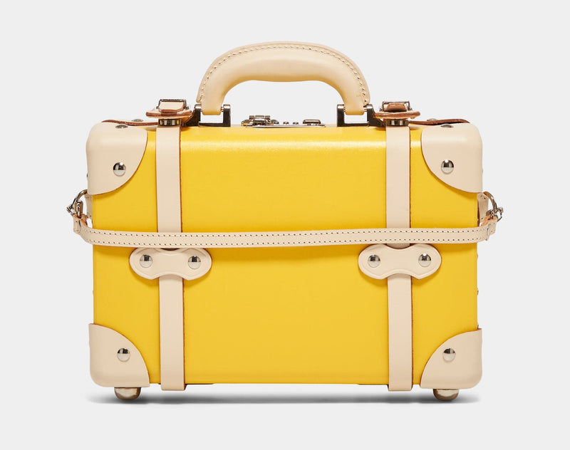 Back product view of the vanity Correspondent fibreboard suitcase in yellowwith detachable suitcase strap