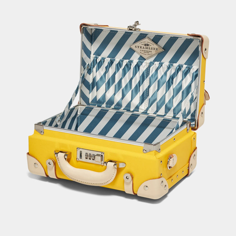 Open product view of the vanity Correspondent fibreboard suitcase in yellow with blue and white stripe print lining