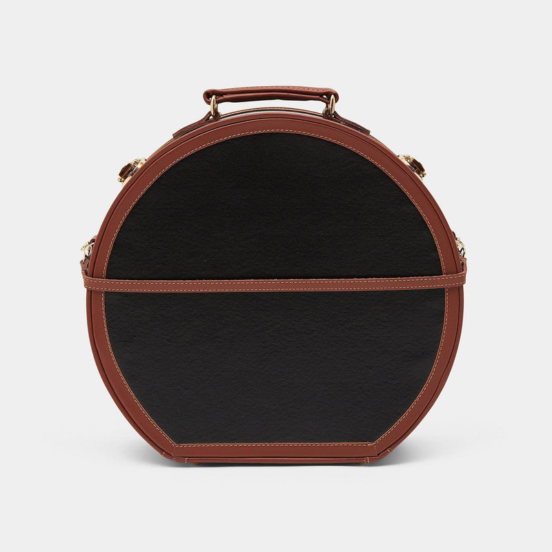 Back product view of the large hatbox Diplomat leather suitcase in black with detachable suitcase strap