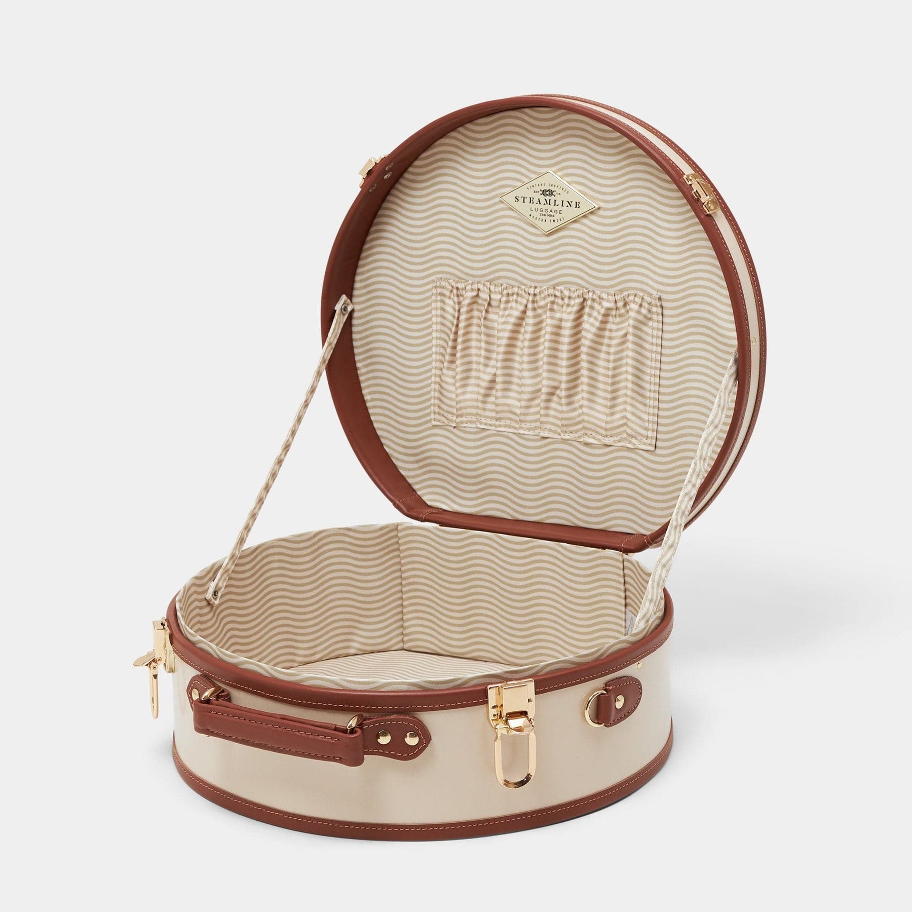 Open product view of the large hatbox Diplomat leather suitcase in cream with snaffle-bit printed lining