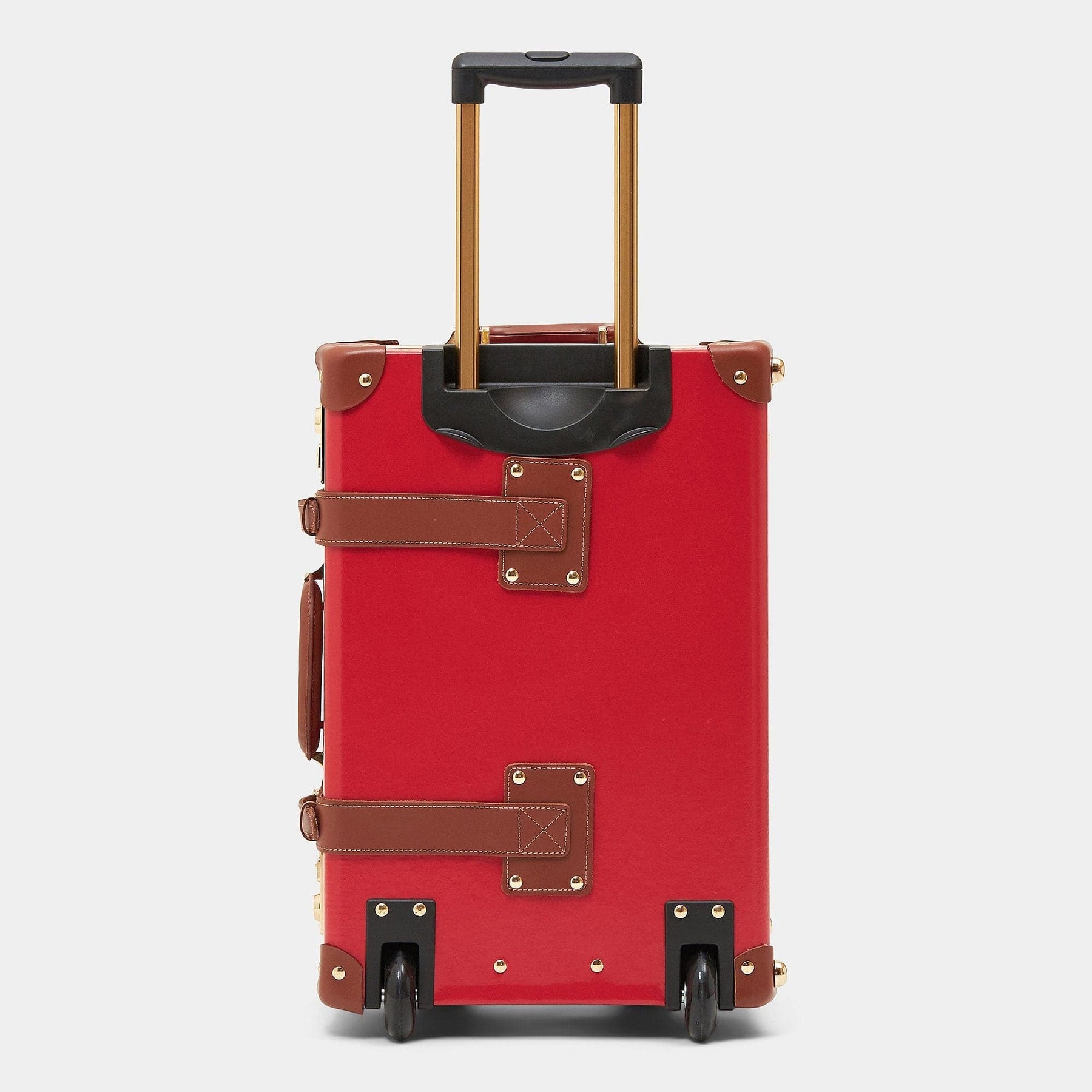 Back product view of the carry-on Diplomat leather suitcase in red with raised handle