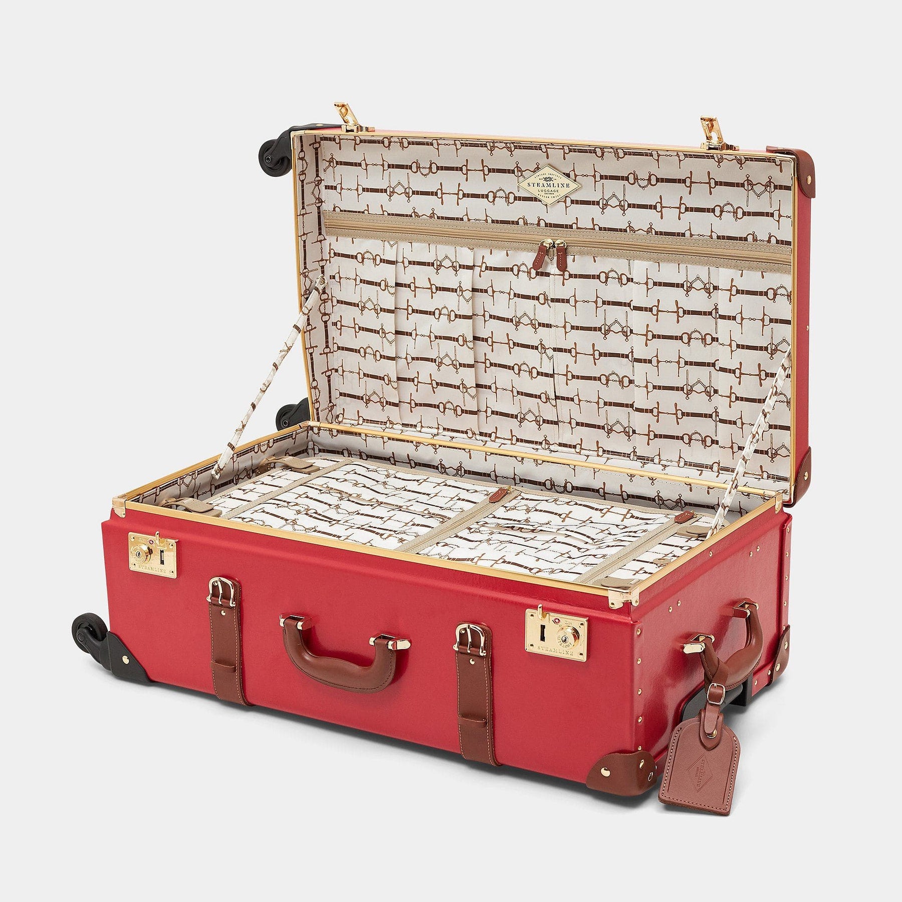 Open product view of the check-in Diplomat leather suitcase in red with snaffle-bit printed lining