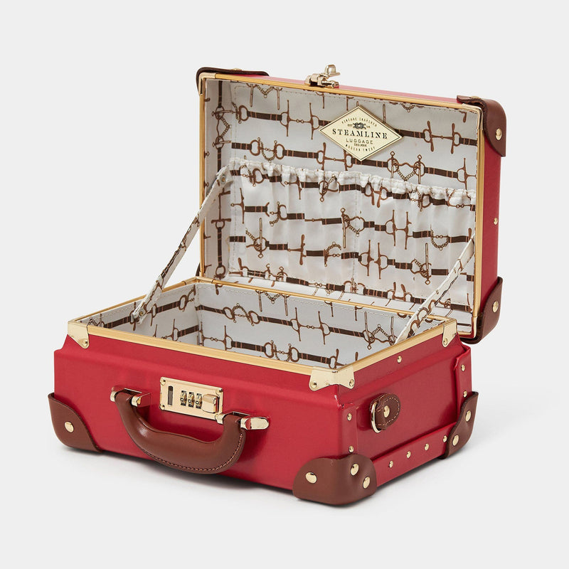 Open product view of the vanity Diplomat leather suitcase in red with snaffle-bit printed lining