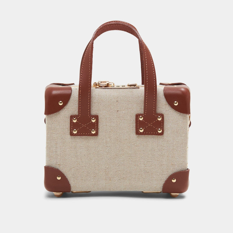 Back product view of the mini Editor linen suitcase with brown trims 