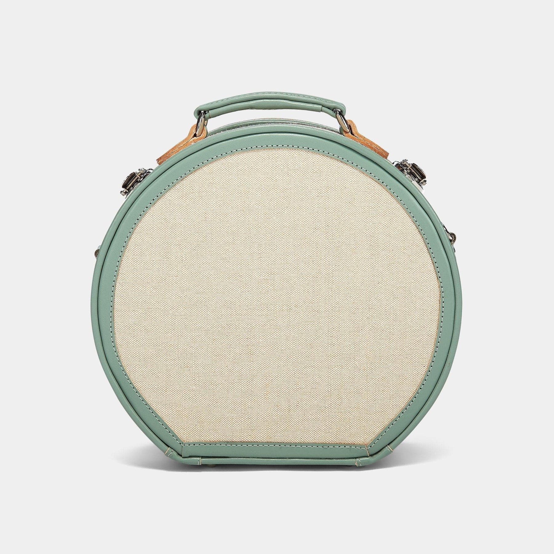 Back product view of the small hatbox Editor linen suitcase with sea green trims