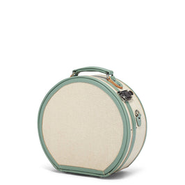 Angled product view of the small hatbox Editor linen suitcase with sea green trims