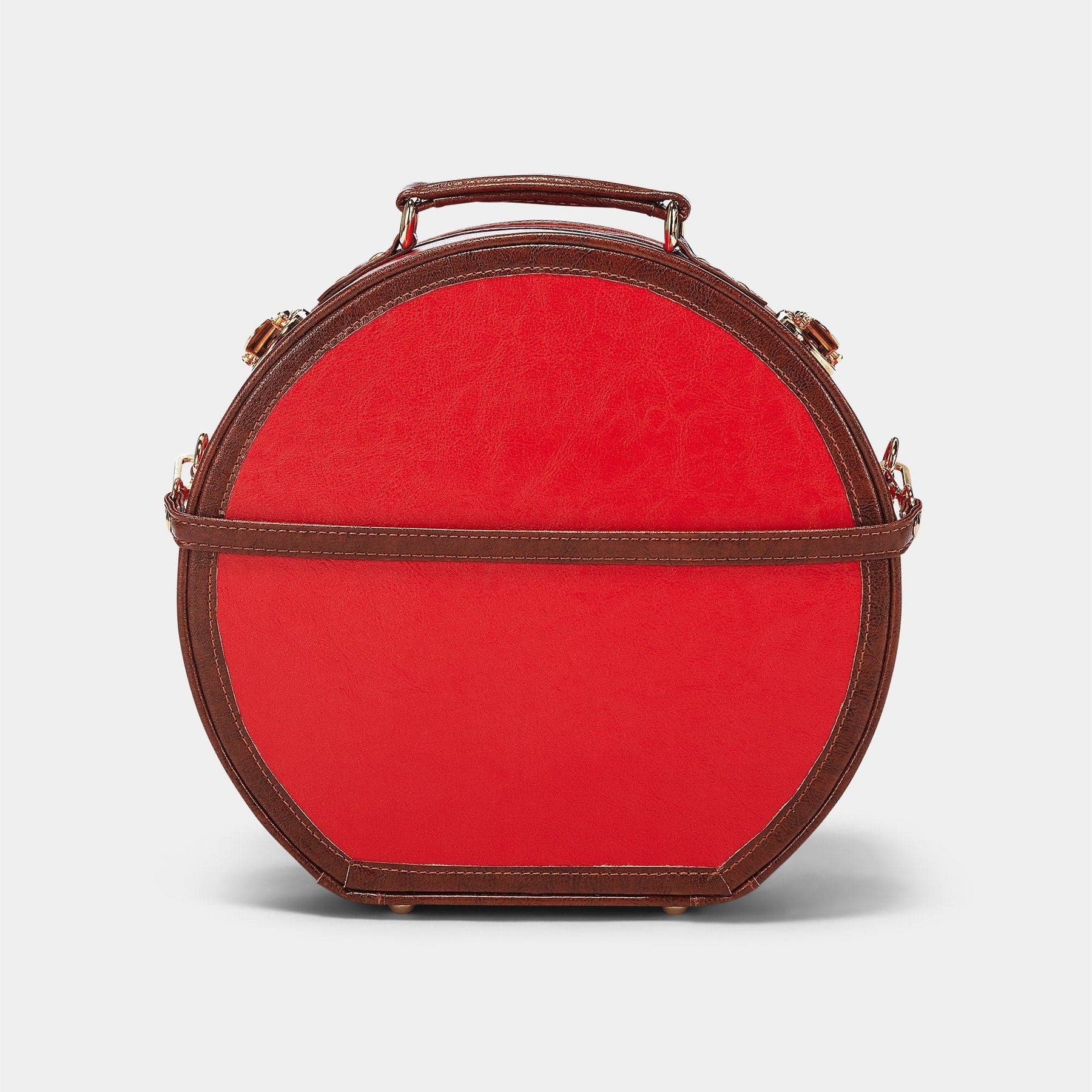 Back product view of the large hatbox Entrepreneur vegan leather suitcase in red with detachable suitcase strap