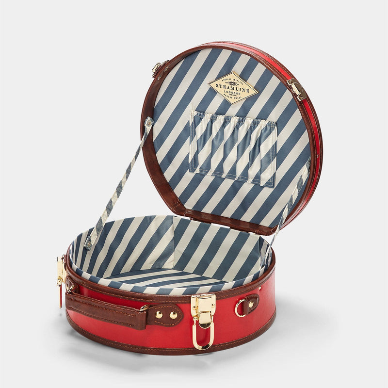 Open product view of the large hatbox Entrepreneur vegan leather suitcase in red with blue-white stripe print lining