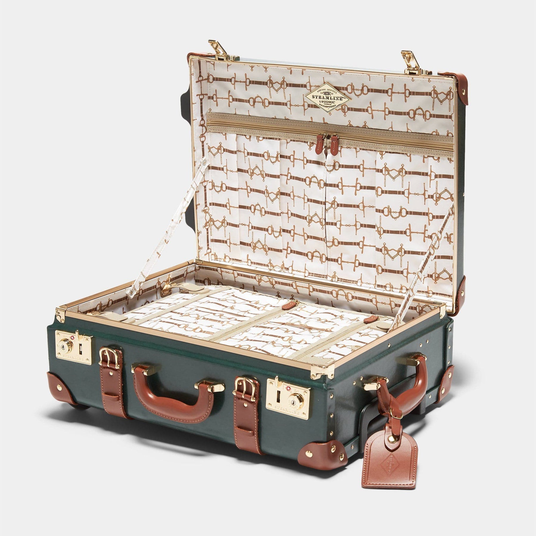 Open product view of the carry-on Diplomat leather suitcase in hunter green with snaffle-bit printed lining