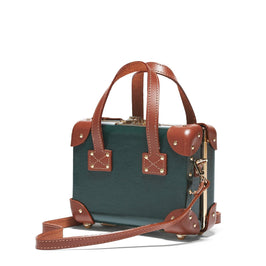 Angled product view of the mini Diplomat leather suitcase in hunter green with shoulder attachment strap