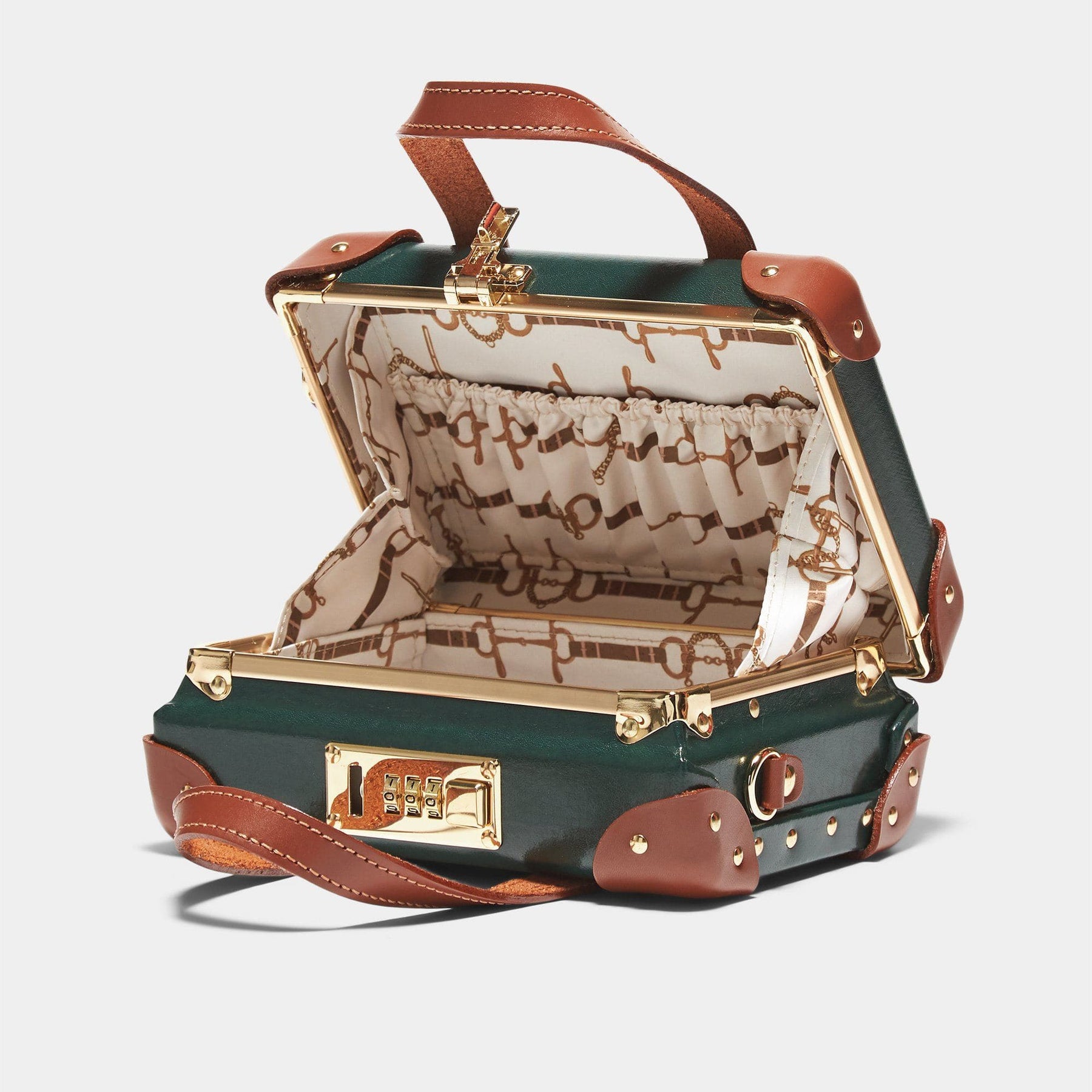 Open product view of the mini Diplomat leather suitcase in hunter green with snaffle-bit printed lining