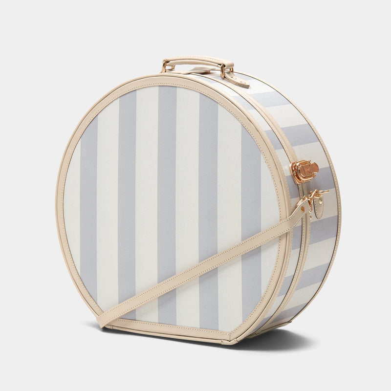 Angled product view of the deluxe hatbox Illustrator fibreboard suitcase in  blue-stripe