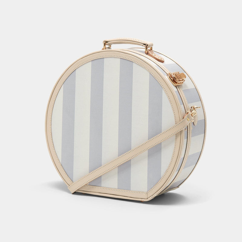 Angled product view of the large hatbox Illustrator fibreboard suitcase in  blue-stripe