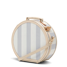 Angled product view of the small hatbox Illustrator fibreboard suitcase in  blue-stripe