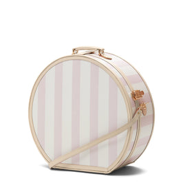 Angled product view of the deluxe hatbox Illustrator fibreboard suitcase in  pink-stripe with shoulder attachment strap