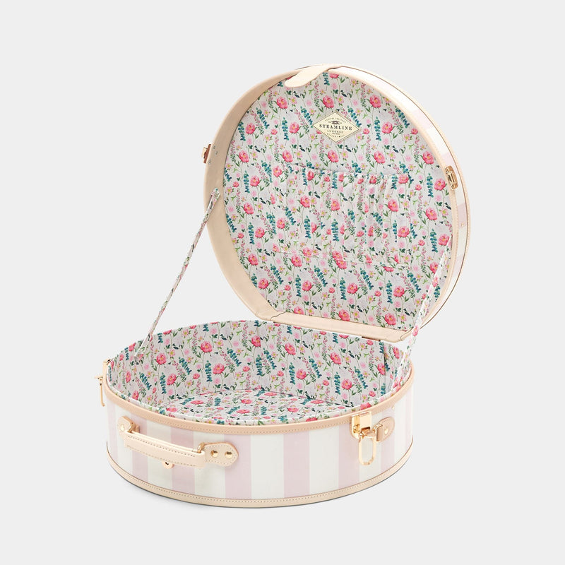 Open product view of the deluxe hatbox Illustrator fibreboard suitcase in pink-stripe with wildflower print lining