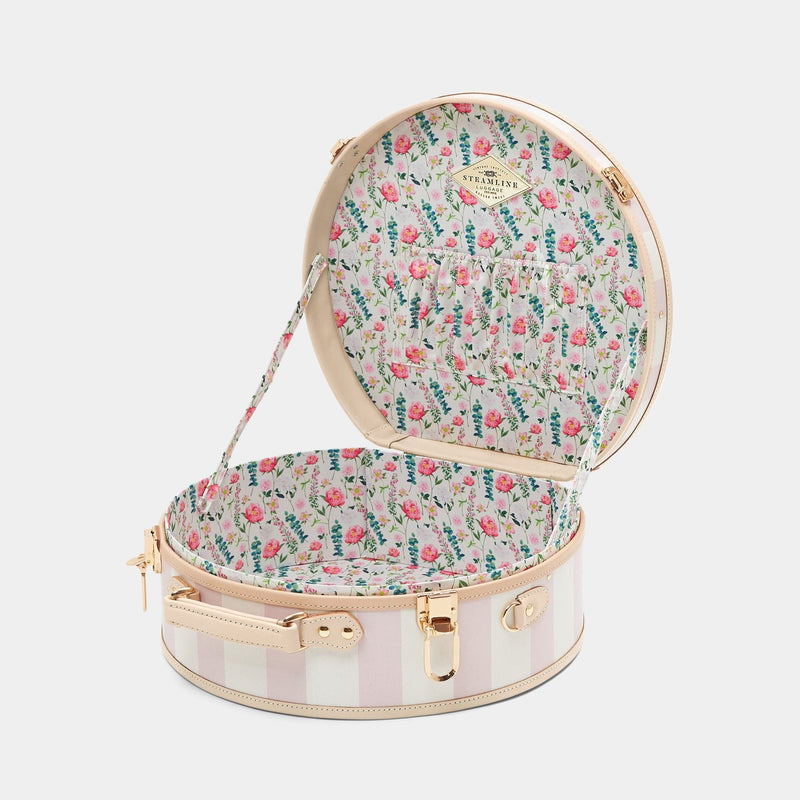 Open product view of the large hatbox Illustrator fibreboard suitcase in pink-stripe with wildflower print lining