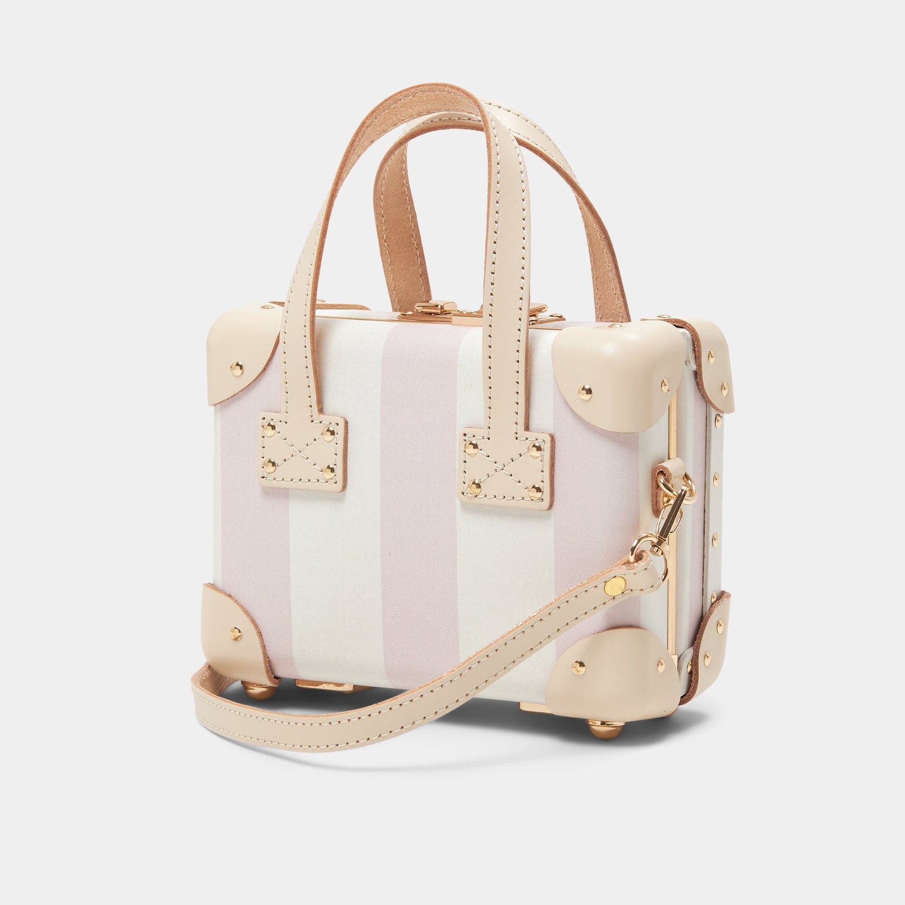 Angled product view of the mini Illustrator fibreboard suitcase in pink-stripe with shoulder attachment strap