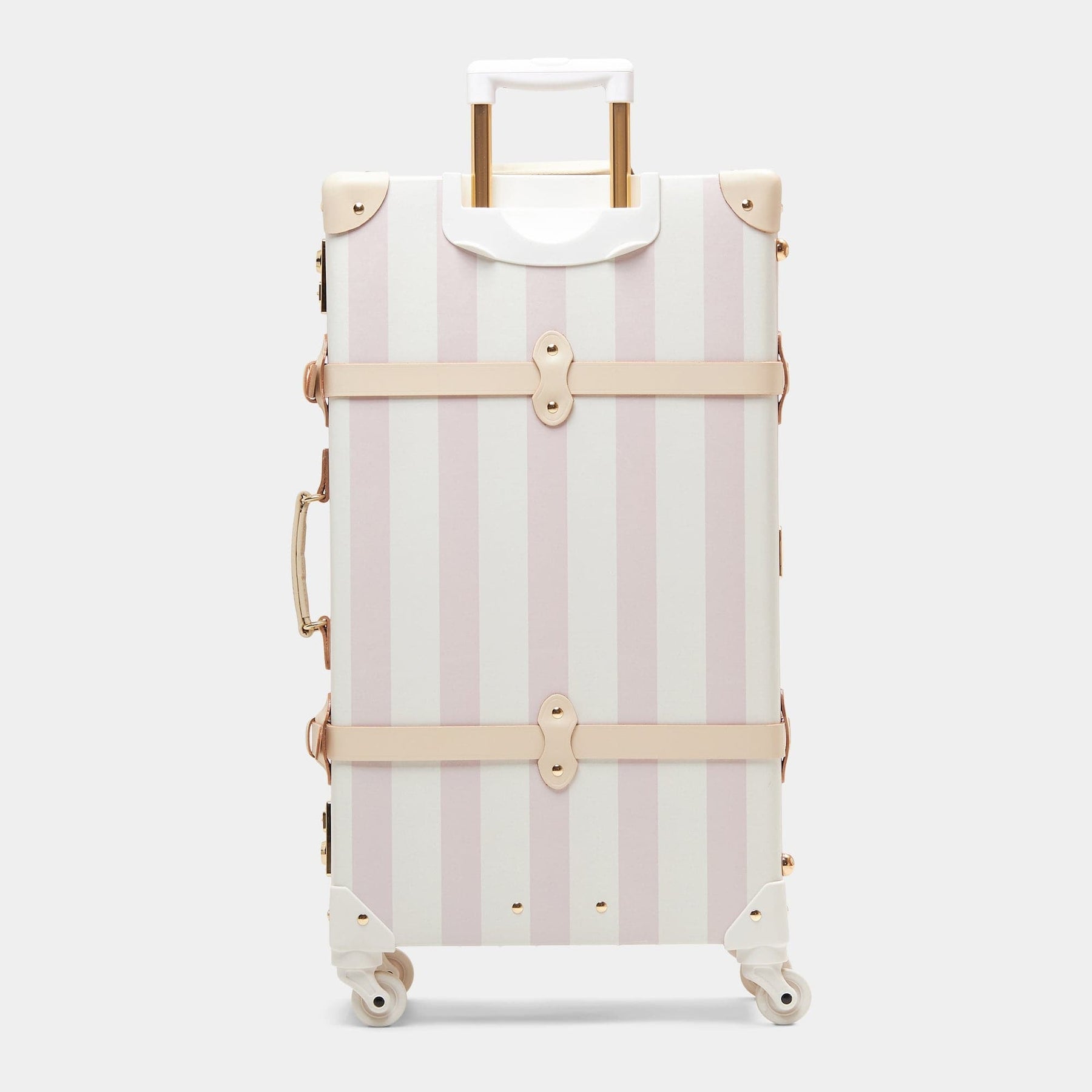 Back product view of the check-in spinner Illustrator fibreboard suitcase in pink-stripe with raised handle