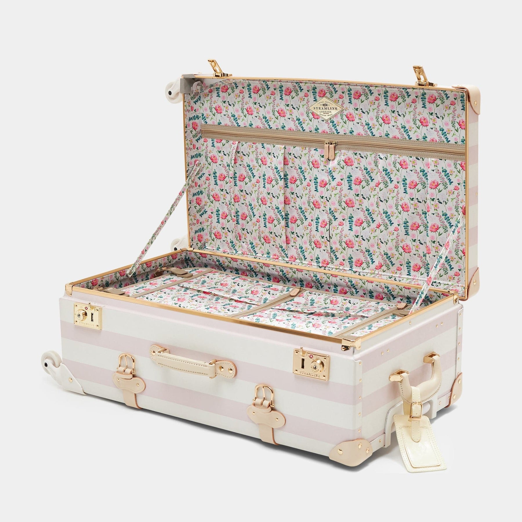 Open product view of the check-in spinner Illustrator fibreboard suitcase in pink-stripe with wildflower print lining