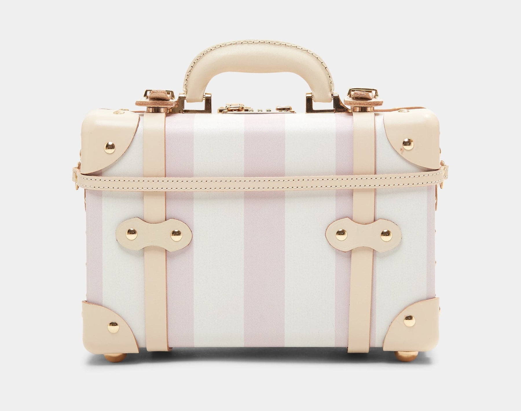 Back product view of the mini Illustrator fibreboard suitcase in pink-stripe with detachable suitcase strap