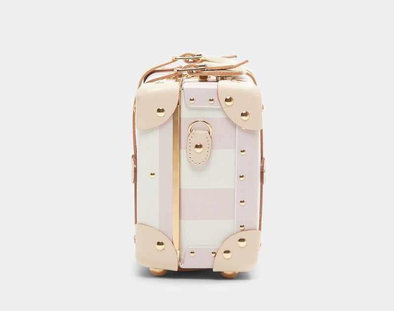 Side product view of the mini Illustrator fibreboard suitcase in  pink-stripe